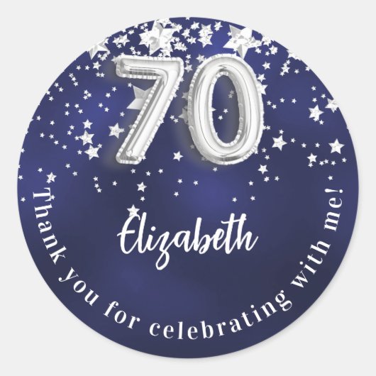 70e verjaardag marinesblauwe zilversterren ronde sticker (Voorkant)