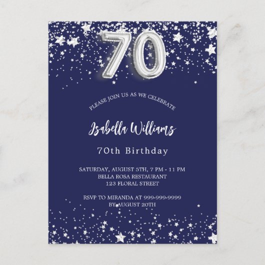 70e verjaardag marinesblauwe zilversterren uitnodiging briefkaart (Voorkant)