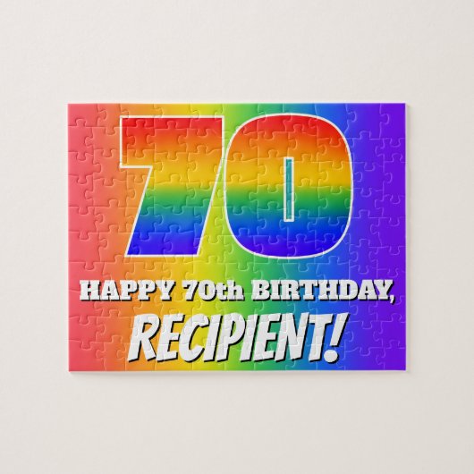 70e verjaardag — Meerkleurig regenboogpatroon "70" Legpuzzel (Horizontaal)