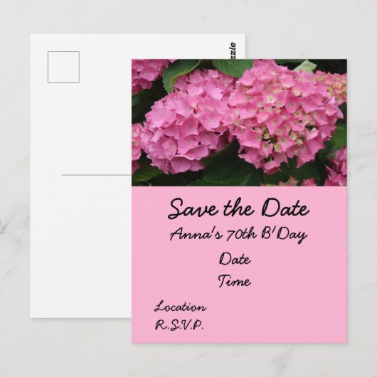 70e verjaardag met roze hortensia bloemen briefkaart (Voorkant / Achterkant)