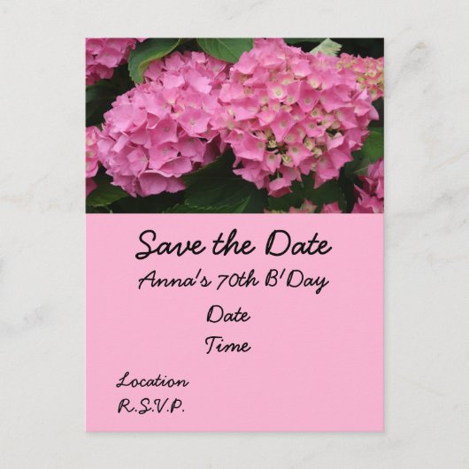 70e verjaardag met roze hortensia bloemen briefkaart (Voorkant)