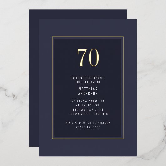 70e verjaardag Minimal Elegant Donkergoud Lijst Folie Uitnodiging (Voorkant / Achterkant)