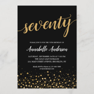 70e verjaardag Modern Black Gold Confetti Script Kaart