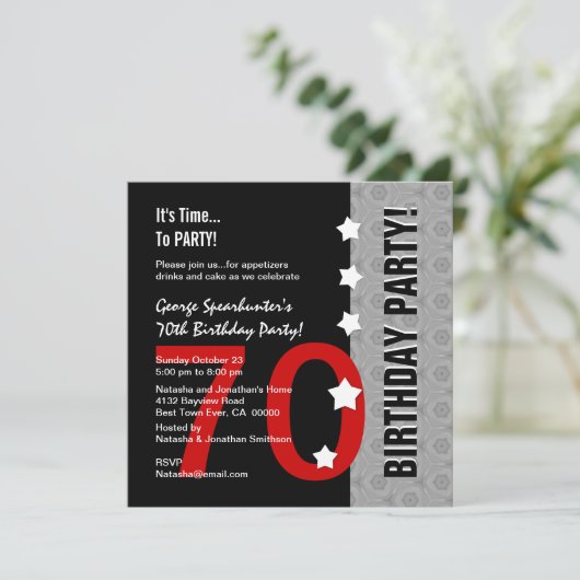 70e verjaardag Modern Red Silver Black Funny D845E Kaart (Staand voorkant)