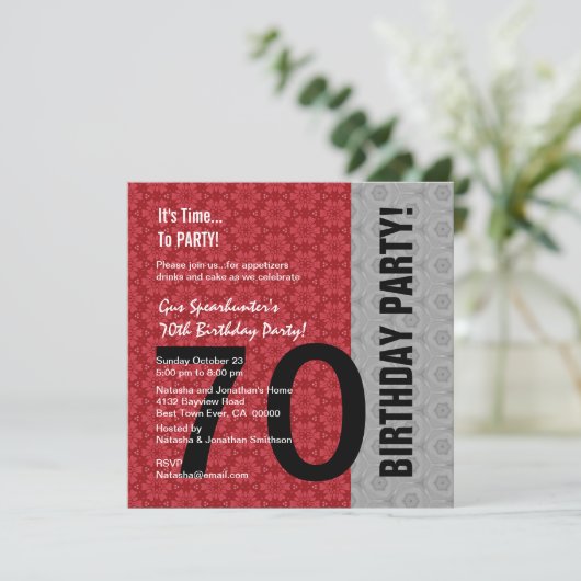 70e verjaardag Modern Red Silver Black Funny D848 Kaart (Staand voorkant)