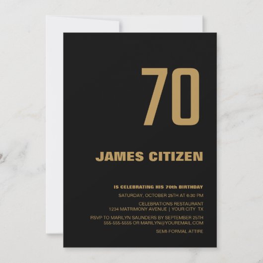 70e verjaardag Moderne Minimalistische Zwarte Gold Kaart (Voorkant)