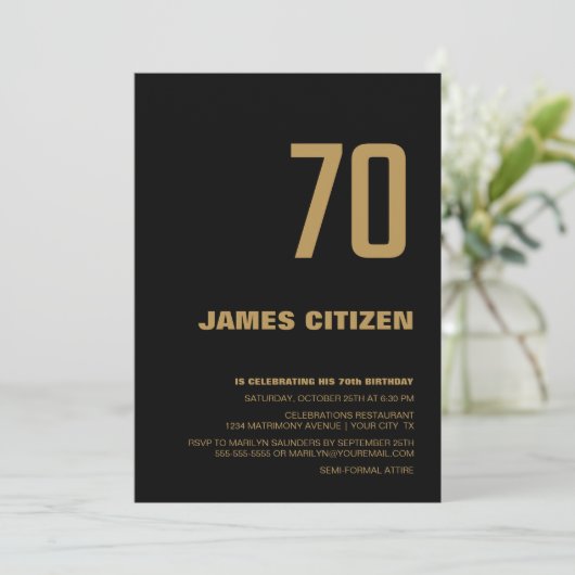 70e verjaardag Moderne Minimalistische Zwarte Gold Kaart (Staand voorkant)