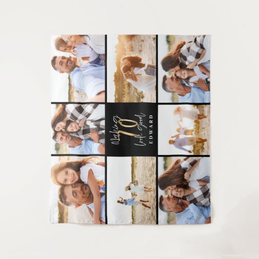 70e verjaardag moderne zwart en goud foto collage wandkleed (Voorkant)