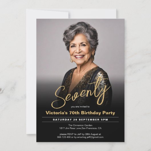 70e verjaardag Moderne Zwart Goud Minimale Foto Kaart (Voorkant)