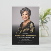 70e verjaardag Moderne Zwart Goud Minimale Foto Kaart (Staand voorkant)