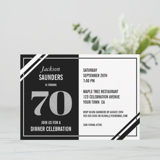 70e verjaardag Moderne zwarte en witte diner Kaart (Staand voorkant)