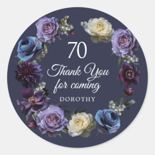 70e Verjaardag Moody Paarse Bloem Dank u Favor Ronde Sticker