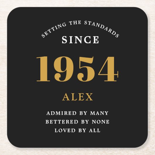 70e Verjaardag Naam 1954 Zwart Goud Elegant Chic Kartonnen Onderzetters (Voorkant)