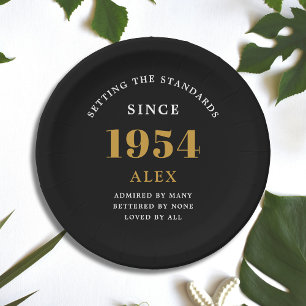 70e Verjaardag Naam 1954 Zwart Goud Elegant Chic Papieren Bordje