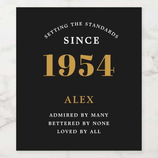 70e Verjaardag Naam 1954 Zwart Goud Elegant Chic Wijn Etiket (Enkel label)