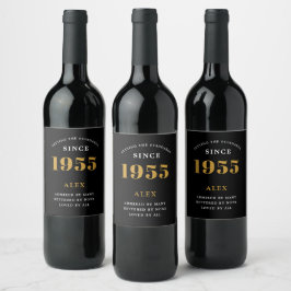 70e verjaardag naam 1955 Zwart goud Elegant Chic Wijn Etiket