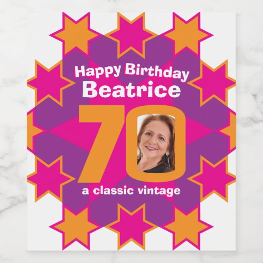 70e verjaardag naam roze foto aangepaste wijnlabel wijn etiket (Enkel label)