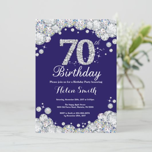 70e verjaardag Navy Blauw en Zilveren Diamant Kaart (Staand voorkant)