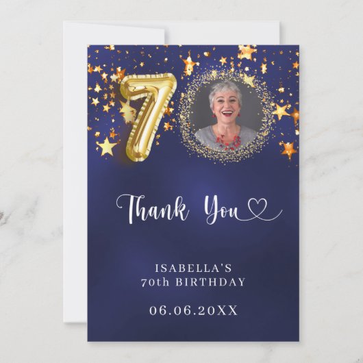 70e verjaardag navy blauw goud sterren foto bedankkaart (Voorkant)