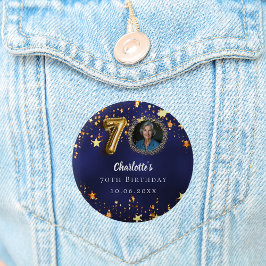 70e verjaardag navy blauw goud sterren foto ronde button 5,7 cm