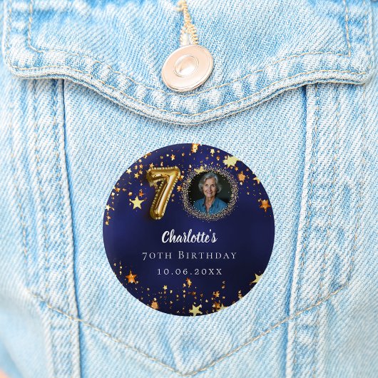 70e verjaardag navy blauw goud sterren foto ronde button 5,7 cm