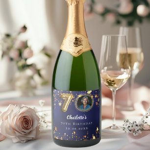 70e verjaardag navy blauw goud sterren foto sparkling wijnetiket