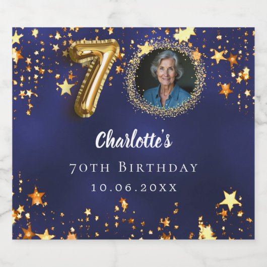 70e verjaardag navy blauw goud sterren foto sparkling wijnetiket (Enkel label)
