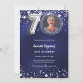 70e verjaardag navy blauw zilveren sterren foto kaart (Voorkant)