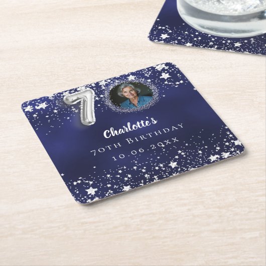 70e verjaardag navy blauw zilveren sterren foto kartonnen onderzetters (Schuin)