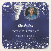 70e verjaardag navy blauw zilveren sterren foto kartonnen onderzetters