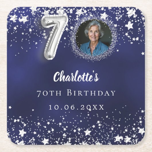 70e verjaardag navy blauw zilveren sterren foto kartonnen onderzetters (Voorkant)