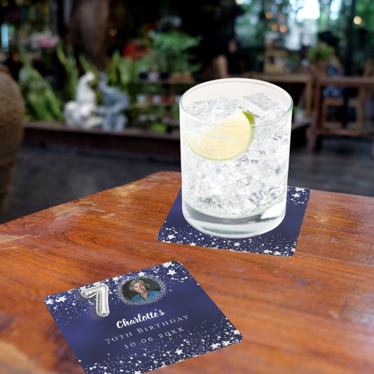 70e verjaardag navy blauw zilveren sterren foto kartonnen onderzetters