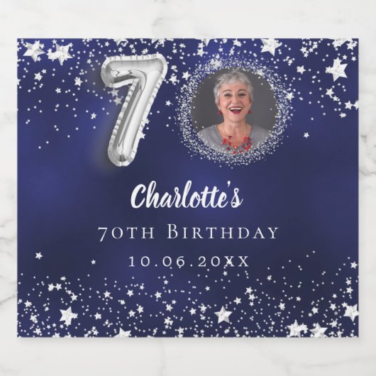70e verjaardag navy blauw zilveren sterren foto sparkling wijnetiket (Enkel label)