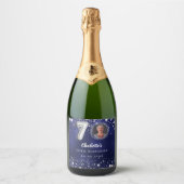 70e verjaardag navy blauw zilveren sterren foto sparkling wijnetiket (Voorkant)