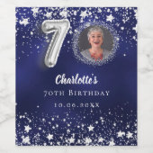 70e verjaardag navy blauw zilveren sterren foto wijn etiket (Enkel label)