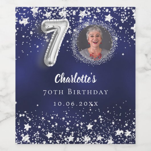 70e verjaardag navy blauw zilveren sterren foto wijn etiket (Enkel label)