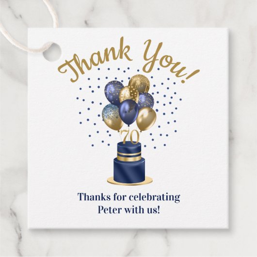 70e verjaardag Navy Blue Balloon Cake Bedankt Bedankjes Labels (Voorkant)