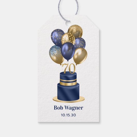 70e verjaardag Navy Blue Balloon Cake Cadeaulabel (Achterkant)