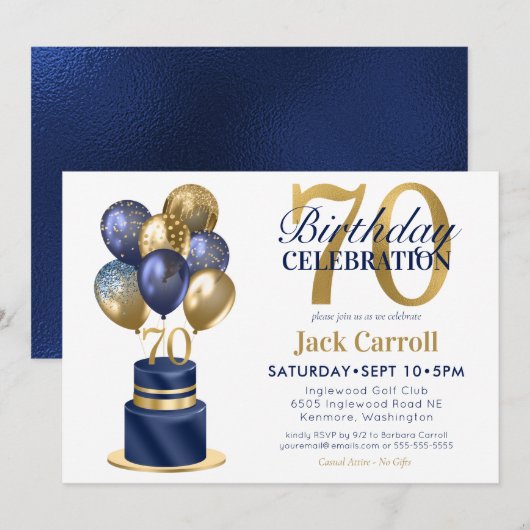 70e verjaardag Navy Blue Balloon Cake Kaart (Voorkant / Achterkant)