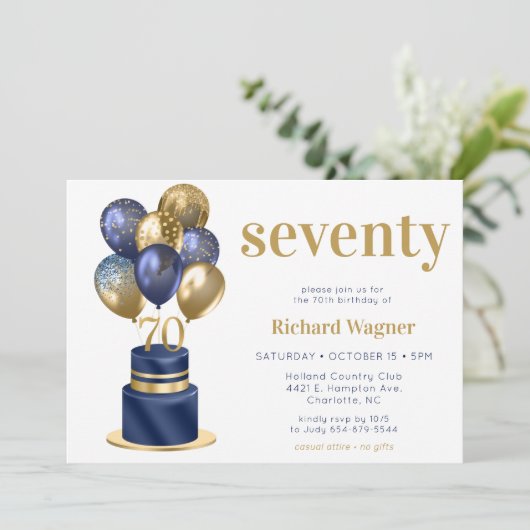 70e verjaardag Navy Blue Balloon Cake Kaart (Staand voorkant)
