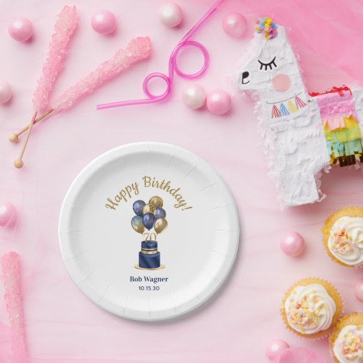 70e verjaardag Navy Blue Balloon Cake Papieren Bordje (Feest)