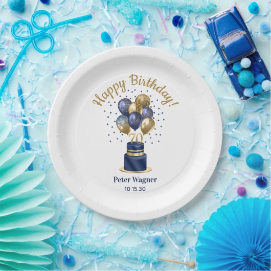 70e verjaardag Navy Blue Balloon Cake Papieren Bordje (Feest)