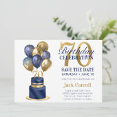 70e verjaardag Navy Blue Balloon Cake Save The Date (Staand voorkant)