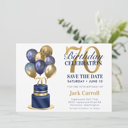 70e verjaardag Navy Blue Balloon Cake Save The Date (Staand voorkant)
