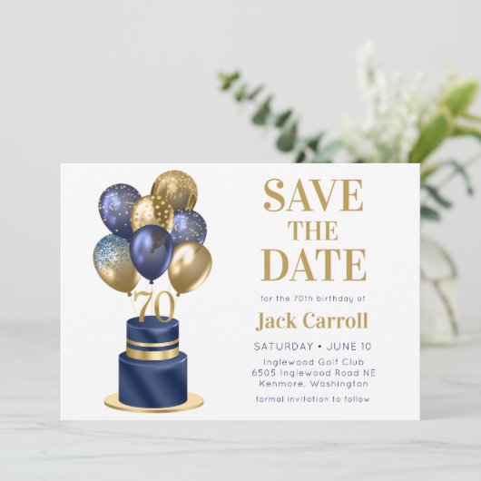70e verjaardag Navy Blue Balloon Cake Save The Date (Staand voorkant)