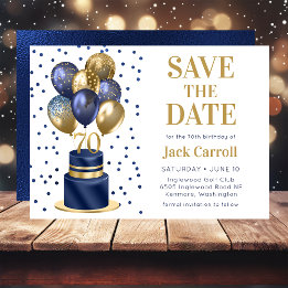 70e verjaardag Navy Blue Balloon Cake Save The Date