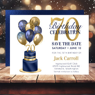 70e verjaardag Navy Blue Balloon Cake Save The Date