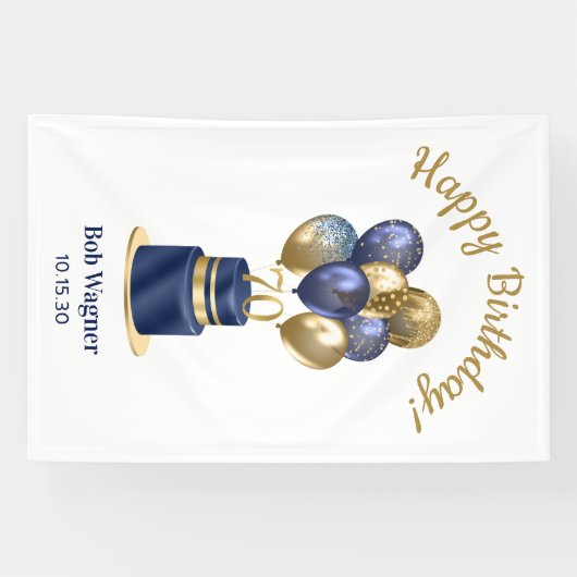 70e verjaardag Navy Blue Balloon Cake Spandoek (Horizontaal)