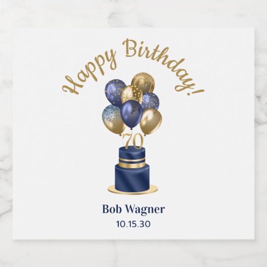 70e verjaardag Navy Blue Balloon Cake Sparkling Wijnetiket (Enkel label)