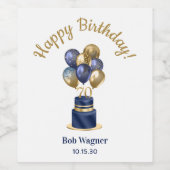 70e verjaardag Navy Blue Balloon Cake Wijn Etiket (Enkel label)